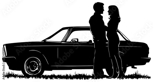 Silhouette of Couple Leaning Against Car Talking, Side View