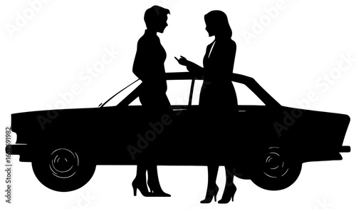 Silhouette of Couple Leaning Against Car Talking, Side View