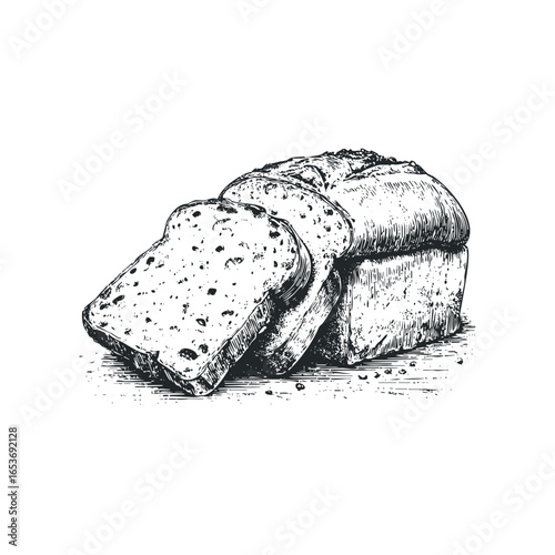 Detailed ink sketch of sliced whole grain bread loaf on white