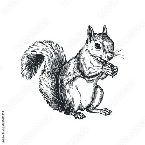 Detailed line drawing of a squirrel holding a nut in its paws against a white background