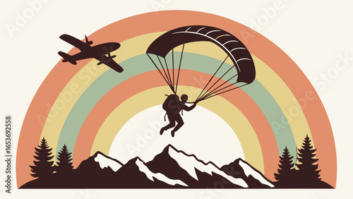 Retro styled illustration:  Paraglider silhouetted against a vibrant rainbow arc over majestic mountains, with a vintage airplane soaring overhead, evoking a sense of freedom and adventure.