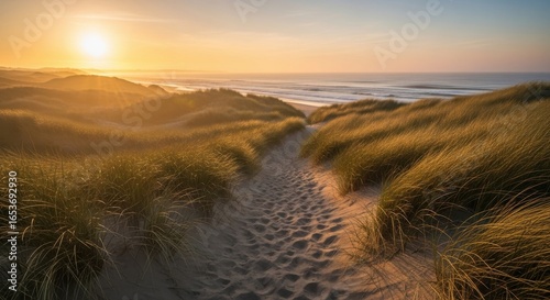 Golden Path Through Sun-Kissed Dunes Leading to a Hazy Ocean Sunset