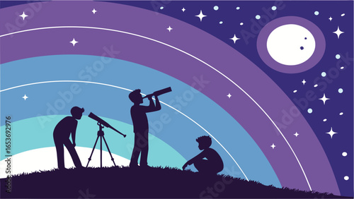 Silhouette of three children stargazing at night, using telescopes against a vibrant, stylized rainbow arc backdrop under a full moon and twinkling stars; whimsical, peaceful, and adventurous mood.