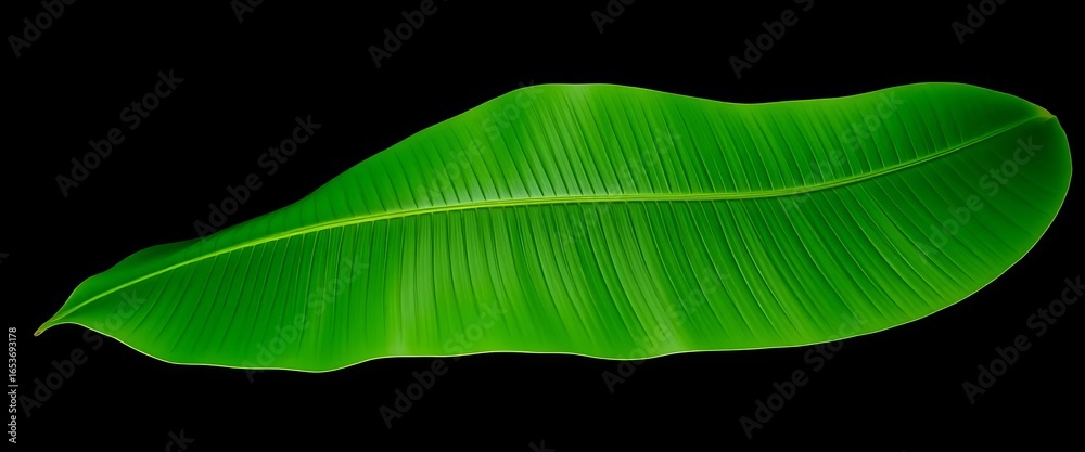 Fototapeta premium Isolated lush green banana leaf, vibrant against a black background , isolated, vibrant