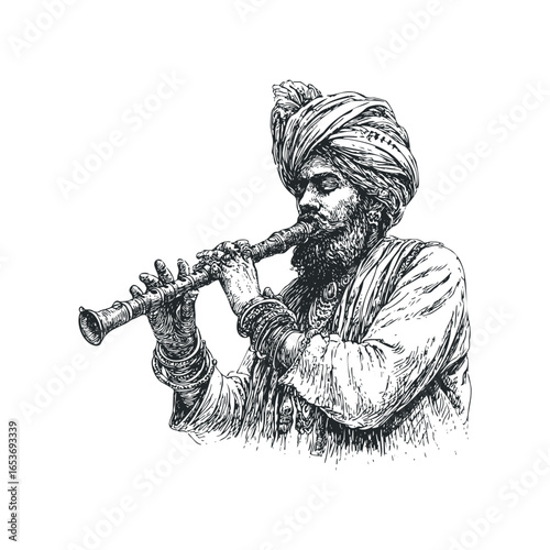 Indian man playing a double-reed wind instrument with a turban and jewelry