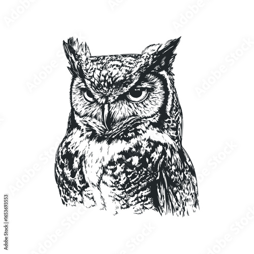Detailed sketch of an owl's piercing gaze on a plain background