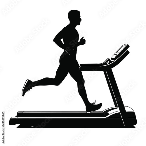 Silhouette of a man running on a treadmill isolated on white background, symbolizing fitness, cardio exercise, and a healthy lifestyle