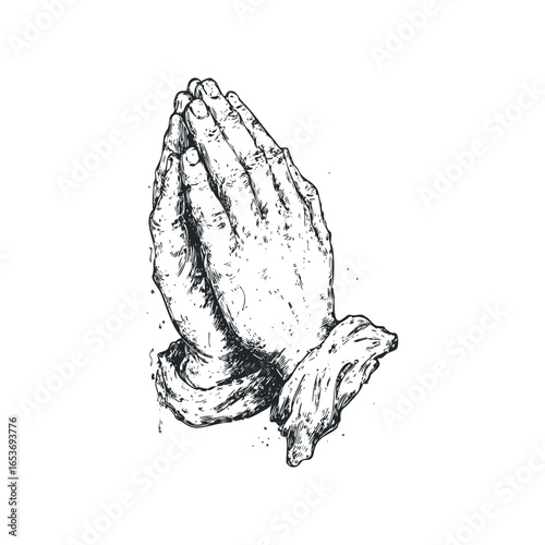 Detailed Sketch of Praying Hands in Black and White Ink