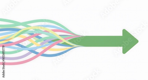Merging multicolored wavy lines converge into a solid green arrow pointing forward, symbolizing unity, collaboration, teamwork, and a unified direction for success