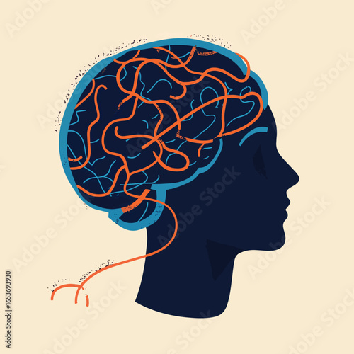 A person unraveling a tangled line inside a large blue human head silhouette