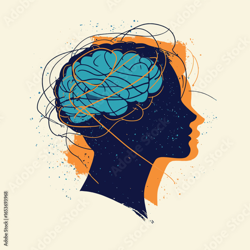 A person unraveling a tangled line inside a large blue human head silhouette