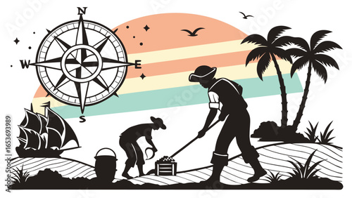 Retro Styled Illustration: Pirates Digging for Treasure on Tropical Island Beach at Sunset with Compass and Sailing Ship in Silhouette.