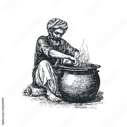 Man wearing a turban stirs a steaming pot in a traditional setting