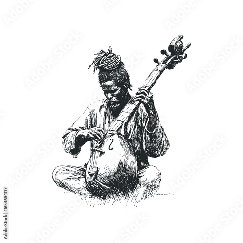 Musician playing stringed instrument with dreadlocks