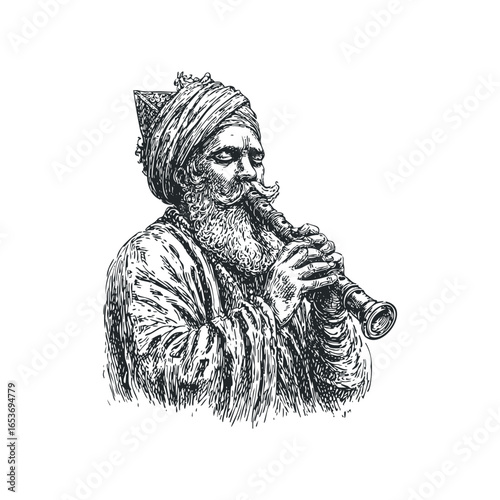 Elderly Man with Turban Playing Wind Instrument Sketch