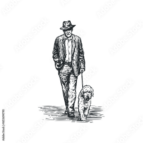 Man in Hat Walks Dog on Leash outdoors