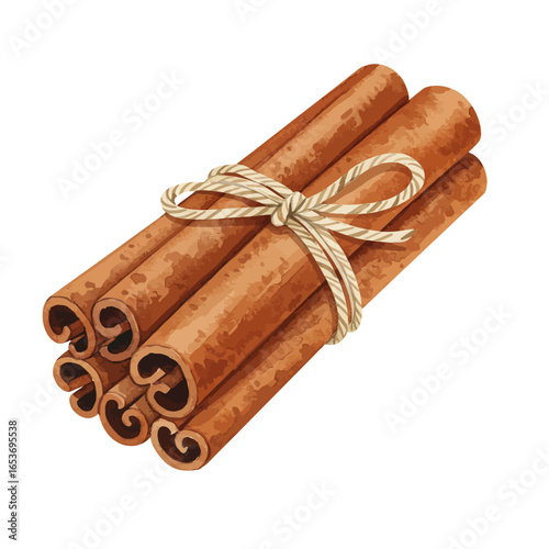 Bundled Cinnamon Sticks Tied with Twine, Watercolor Style Illustration