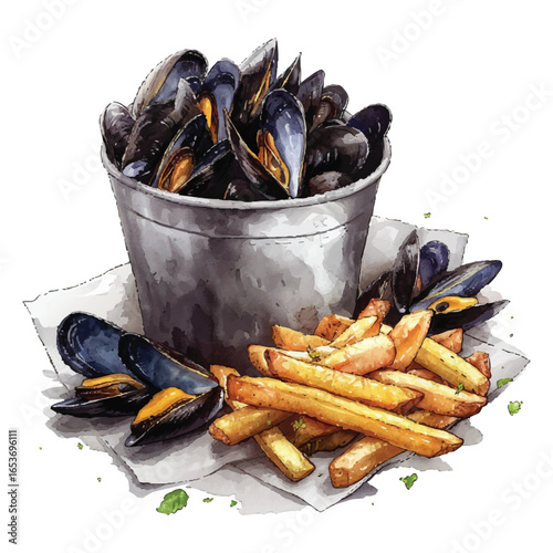 Mussels and Fries Vector Illustration on White Paper with Transparent Background