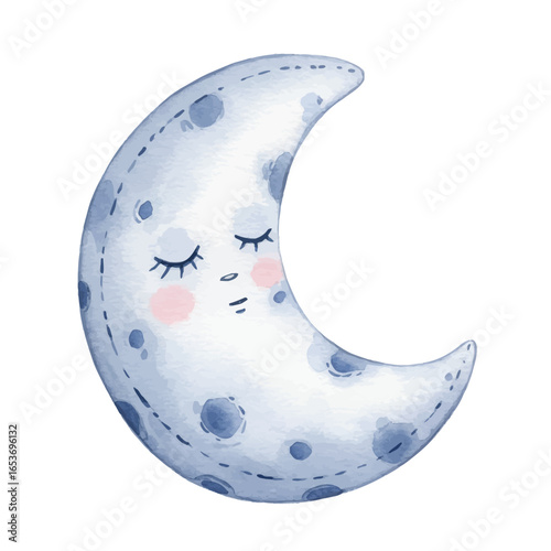 Watercolor Illustration of a Sleeping Crescent Moon