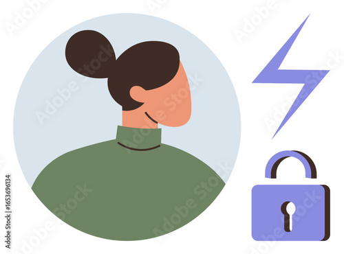 Stylized abstract person with bun hairstyle, padlock, and lightning bolt. Ideal for privacy, security, identity protection, power, safety, anonymity simple flat metaphor
