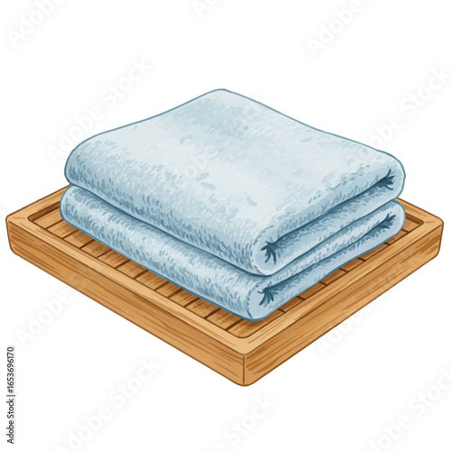 Folded Light Blue Towels on Wooden Tray