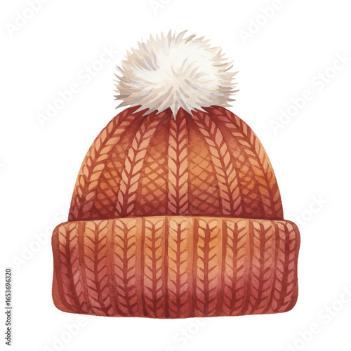 Watercolor Illustration of a Knitted Winter Hat with Pom-Pom