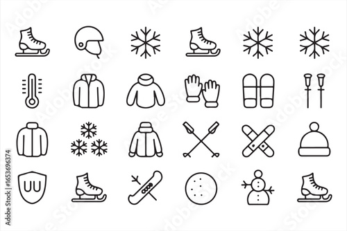 Skiing and Ice Skating Icons – Winter Recreation and Outdoor Sports Vector Set