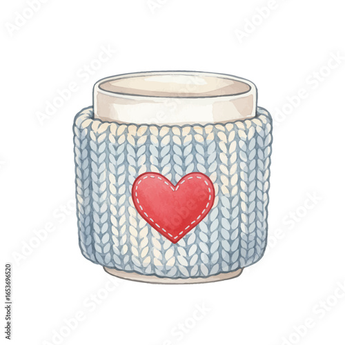 Watercolor Mug with Knitted Cozy and Red Heart Applique
