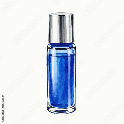 Watercolor Illustration of a Blue Glass Bottle with Silver Cap