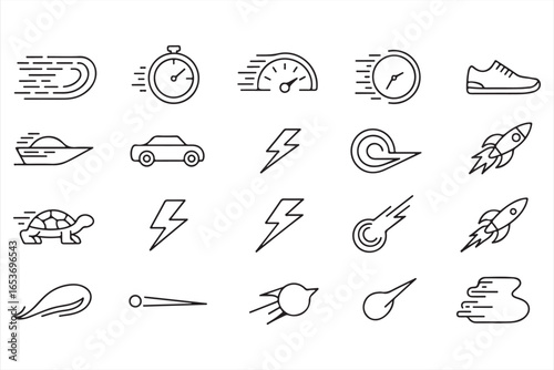 Speed and Motion Icons Set – Rocket, Stopwatch, Car and Lightning Vector Symbols