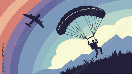Silhouette of a skydiver descending under a parachute with a plane in the background, set against a vibrant pastel rainbow and mountainous landscape; peaceful, adventurous mood.