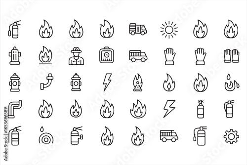 Firefighting Icons Set – Fire Extinguisher, Hydrant, Flame and Emergency Truck Vector
