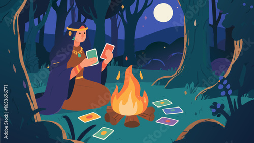 A mystical woman reading tarot cards by a campfire in a moonlit forest