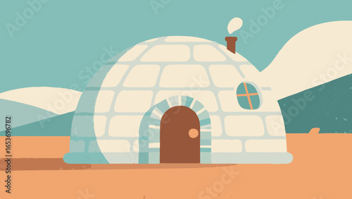 A whimsical illustration of an igloo with a chimney and a window in a snowy landscape