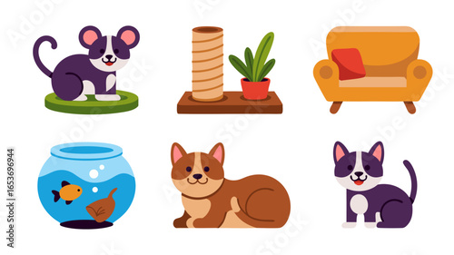 Adorable cartoon illustrations of pets including a mouse, cats, and a fish with accessories