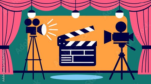 Colorful illustration of a film set with clapperboard and two cameras in a studio