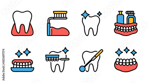 Colorful vector illustration of dental care and teeth hygiene icons set