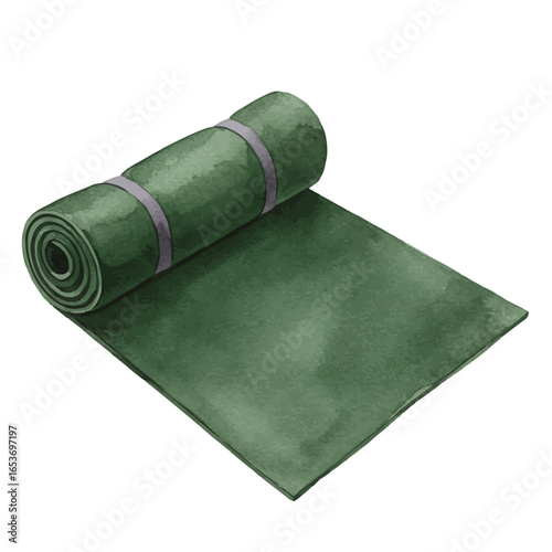 Rolled Green Yoga Mat with Gray Straps