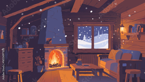 Cozy cabin interior illustration with a fireplace and a snowy winter landscape outside