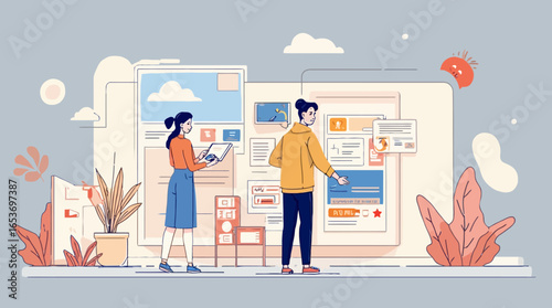 Dynamic design team collaborating on stunning website layout with tablet and modern interface, fostering innovation and creative solutions for clients