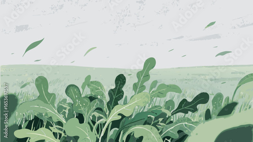 Illustration of a lush green field with leafy plants and a simple sky backdrop