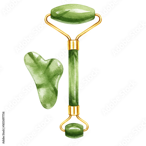 Jade Roller and Gua Sha Set for Skincare, Watercolor Illustration