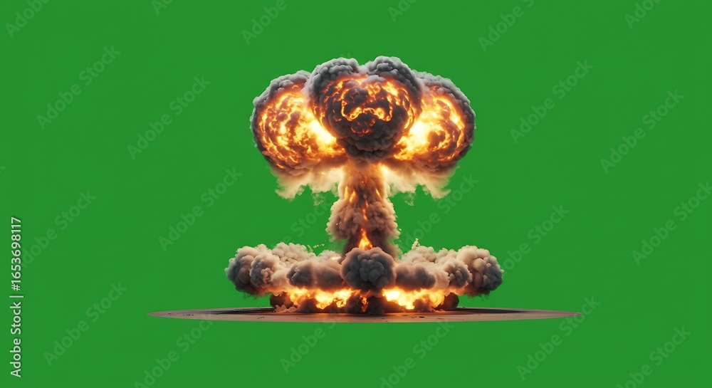 Fototapeta premium Explosive Fireball Mushroom Cloud Detonation with Bright Orange Flames and Dark Smoke in Green Background