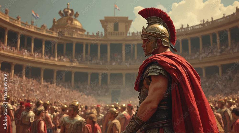 Naklejka premium Experience the Thrill of Ancient Rome: A Gladiator's Stance Amidst the Roaring Crowd at the Colosseum, Capturing Courage and Historical Drama