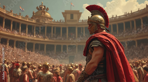 Experience the Thrill of Ancient Rome: A Gladiator's Stance Amidst the Roaring Crowd at the Colosseum, Capturing Courage and Historical Drama