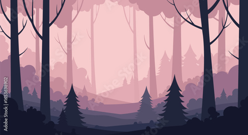 Serene Twilight Forest Landscape with Silhouetted Pine Trees and Soft Light Vector