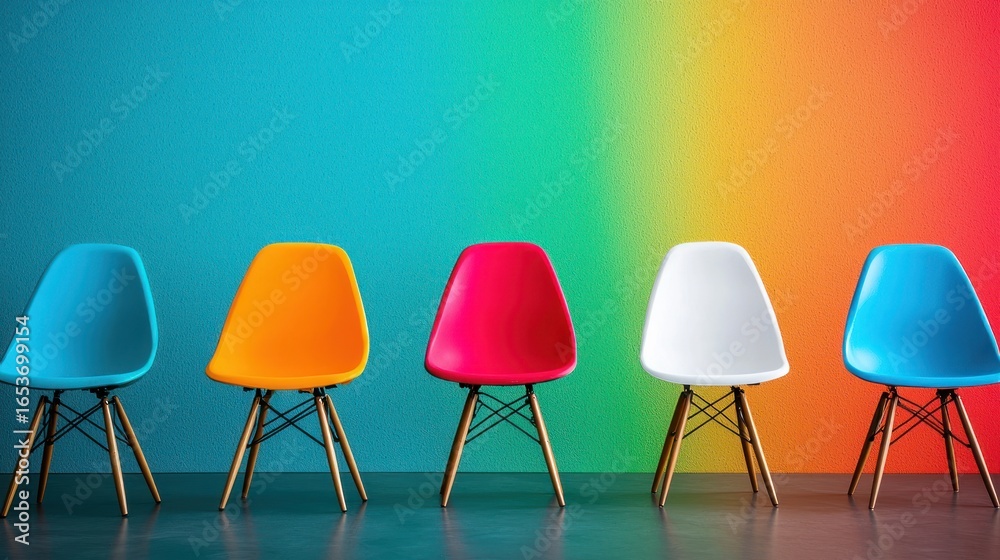 Obraz premium A colorful row of chairs against a rainbow-colored wall.