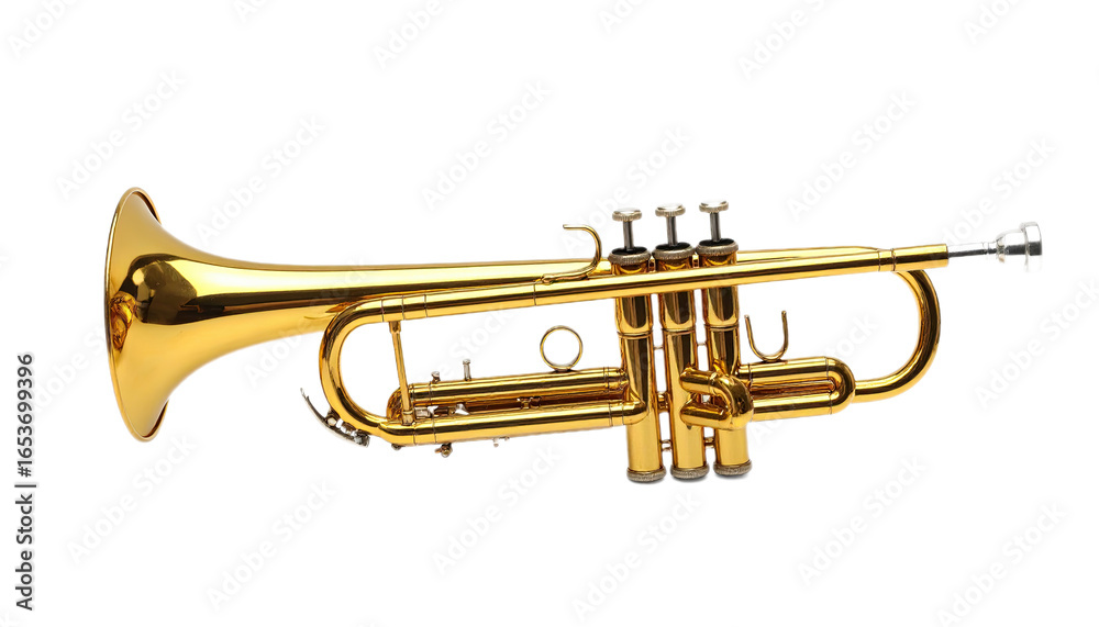 Obraz premium A polished gold trumpet stands out against a black backdrop, showcasing its intricate details and gleaming surface.
