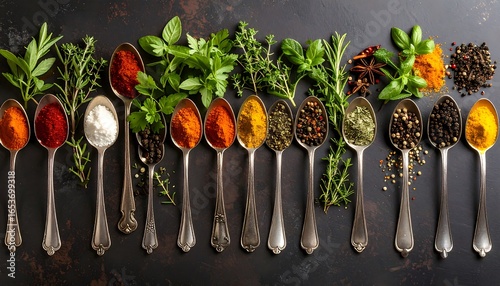 Spoons filled with various spices and herbs