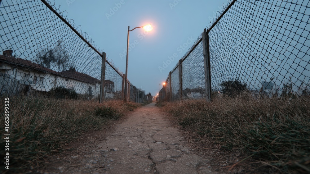 Fototapeta premium Eerie Twilight Pathway Lined with Chain-Link Fences and Dim Streetlights at Dusk